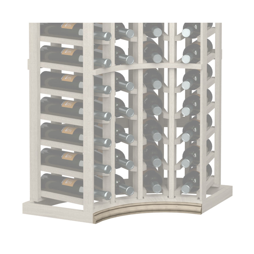 Curved corner wine rack base molding in light painted wood with rounded front edge