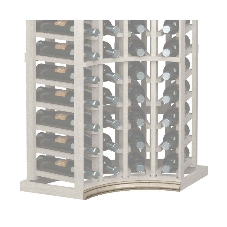 Curved corner wine rack base molding in light painted wood with rounded front edge
