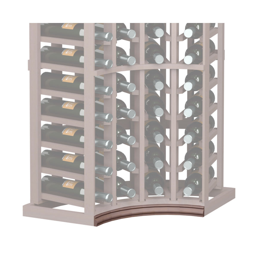 Curved corner wine rack base molding in medium brown stained wood with rounded front edge