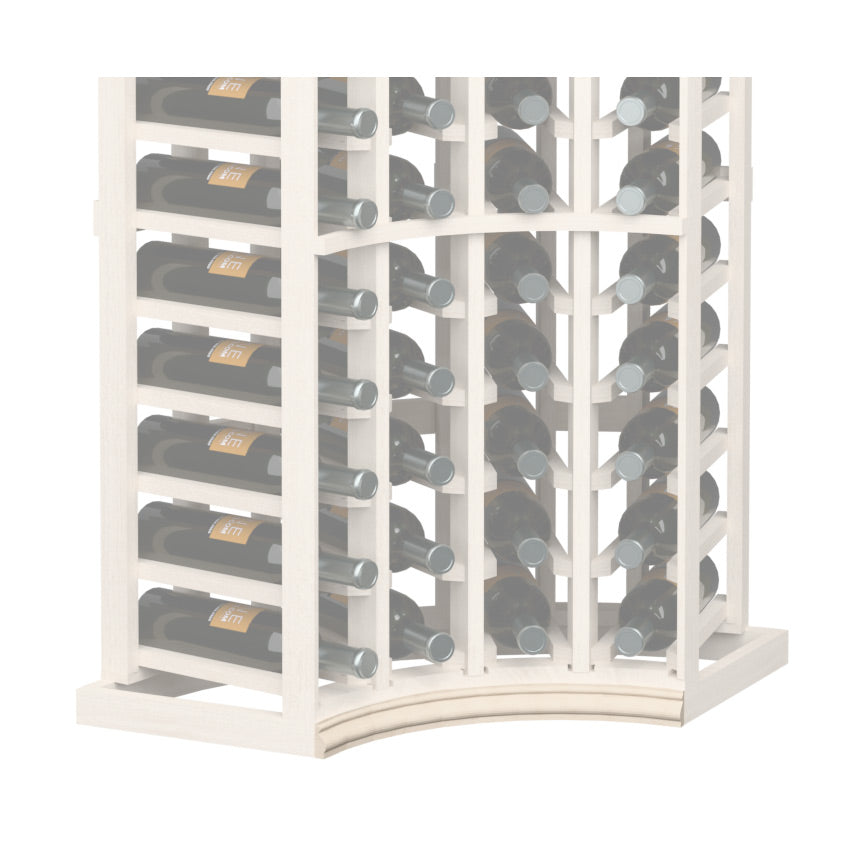 Curved corner wine rack base molding in light painted wood with rounded front edge
