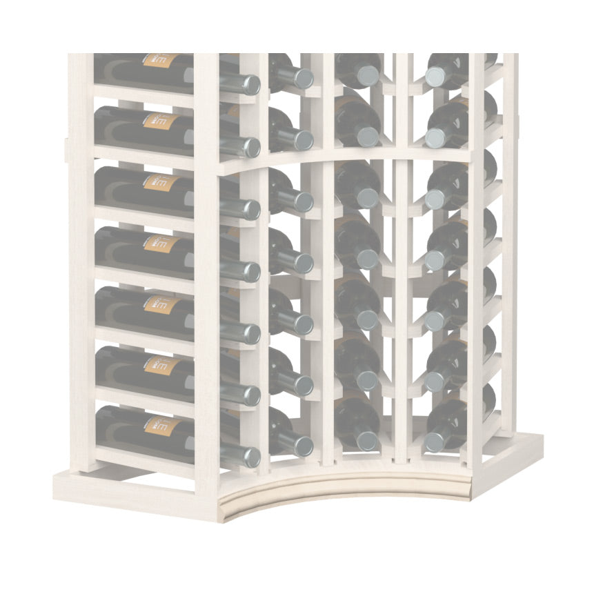Curved corner wine rack base molding in light painted wood with rounded front edge
