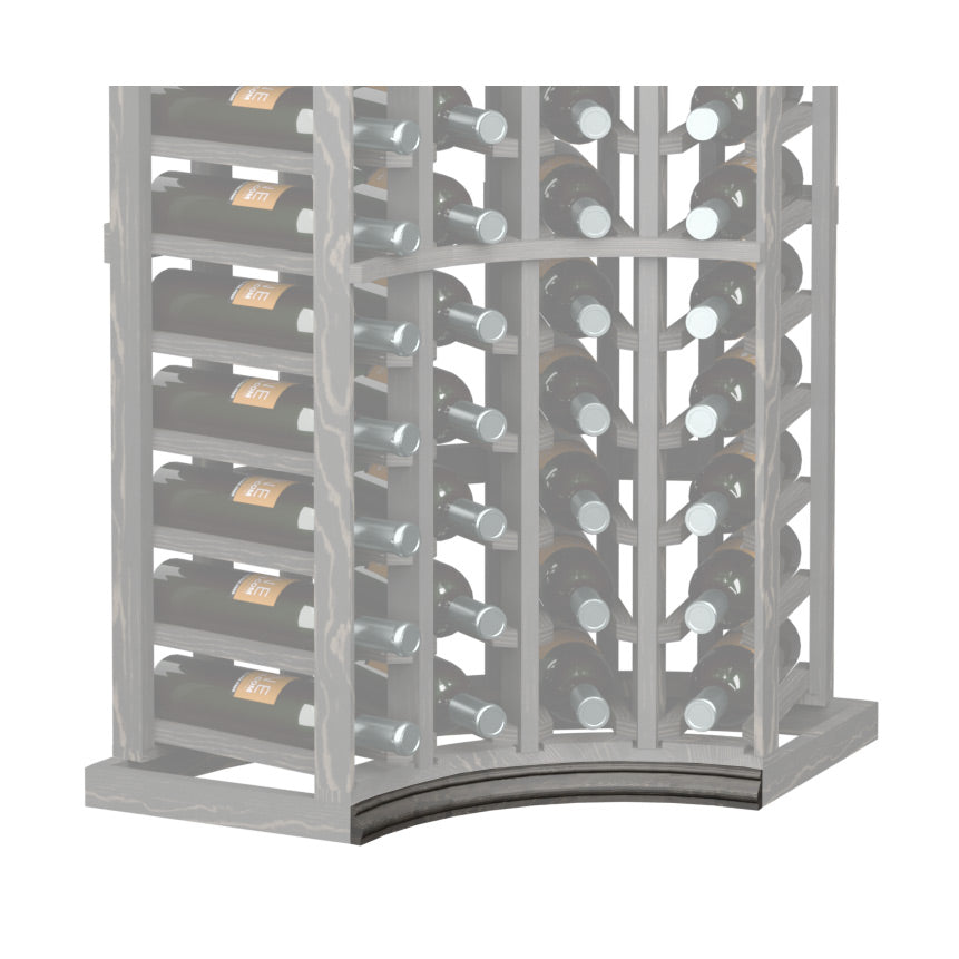 Curved corner wine rack base molding with dark arched trim on wood end frame