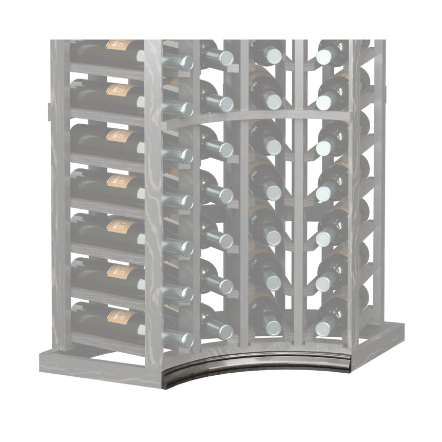 Curved corner wine rack base molding with dark arched bottom trim on end frame
