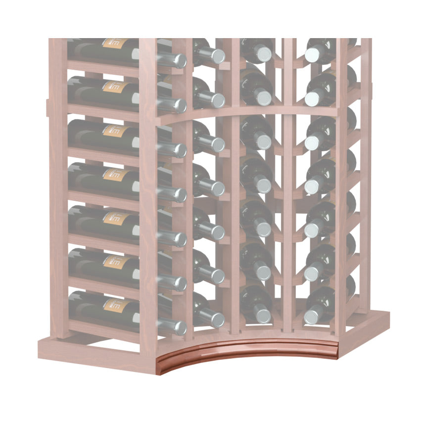 Curved corner wine rack base molding with brown arched trim on light wood frame