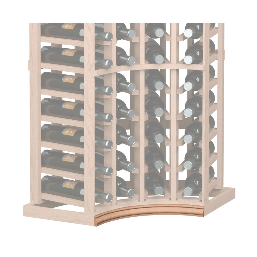 Curved corner wine rack base molding with tan arched trim on pale wood frame