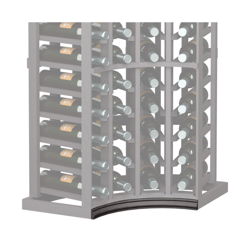 Curved corner wine rack base molding with dark arched trim on wood end frame