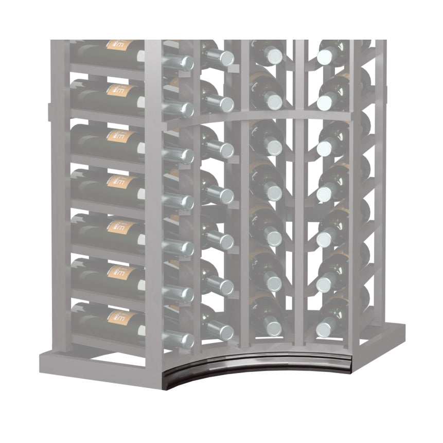 Curved corner wine rack base molding with dark arched bottom trim on end frame