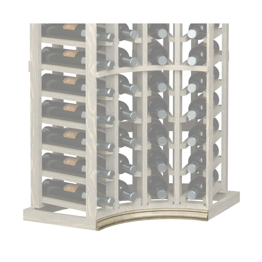 Curved corner wine bottle rack with light frame and curved base molding