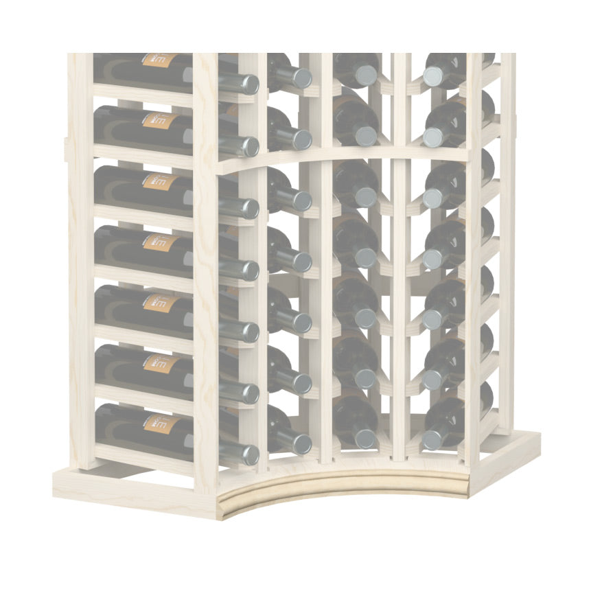 Curved corner wine bottle rack with light frame and curved base molding