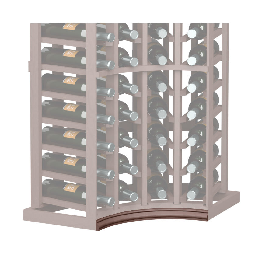 Curved corner wine bottle rack with dark brown curved base molding
