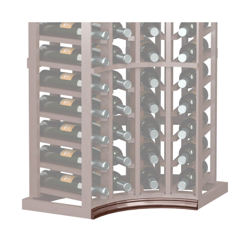 Curved corner wine bottle rack with dark brown curved base molding