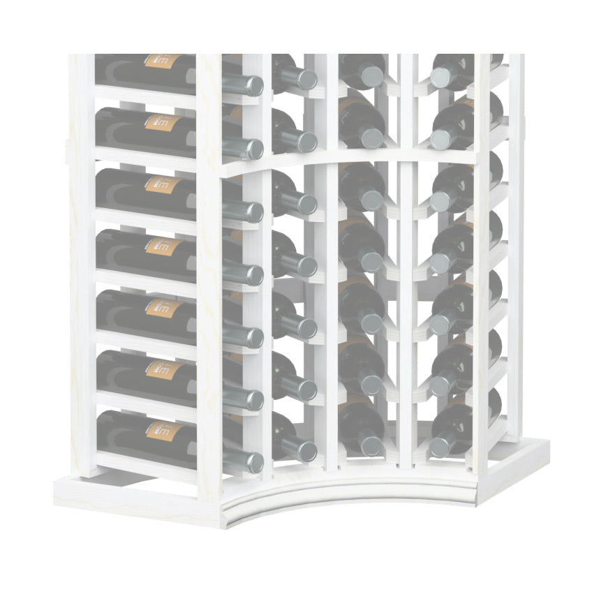 Curved corner wine bottle rack with white frame and white curved base molding