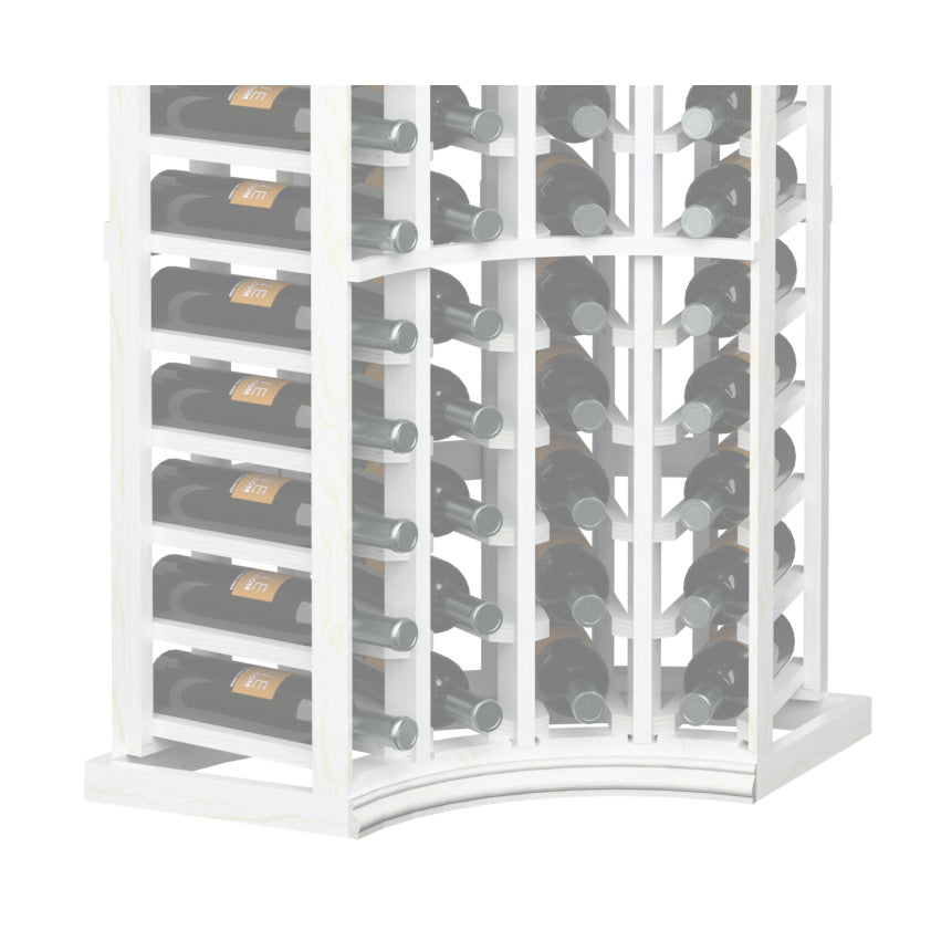 Curved corner wine bottle rack with white frame and white curved base molding