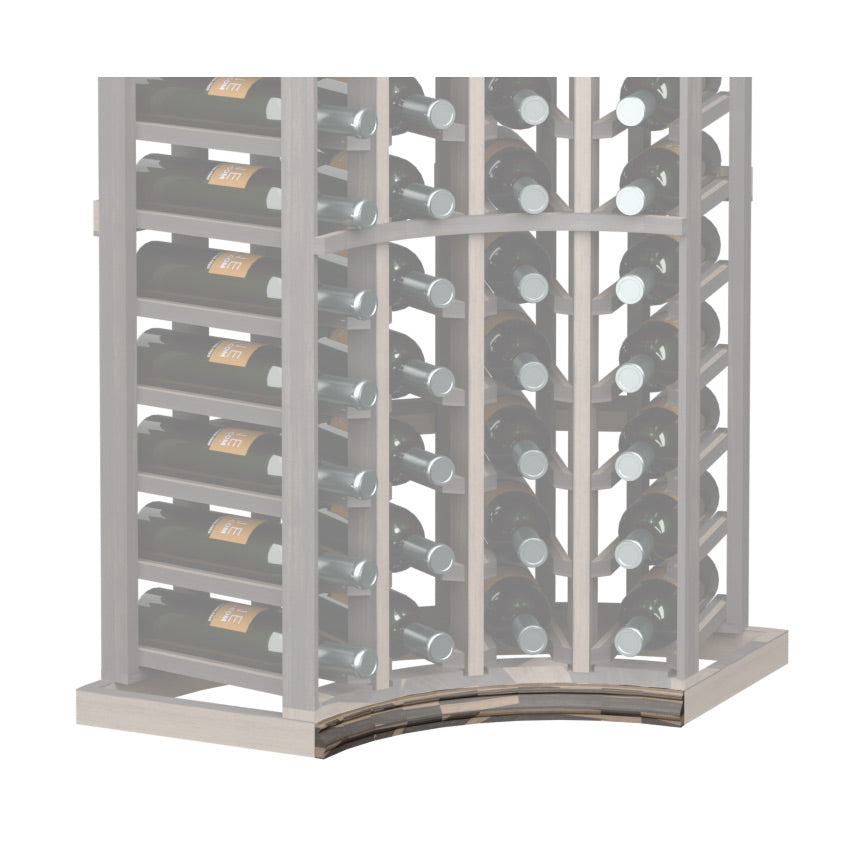 Curved corner wine rack base molding with dark arched front edge and bottle slots