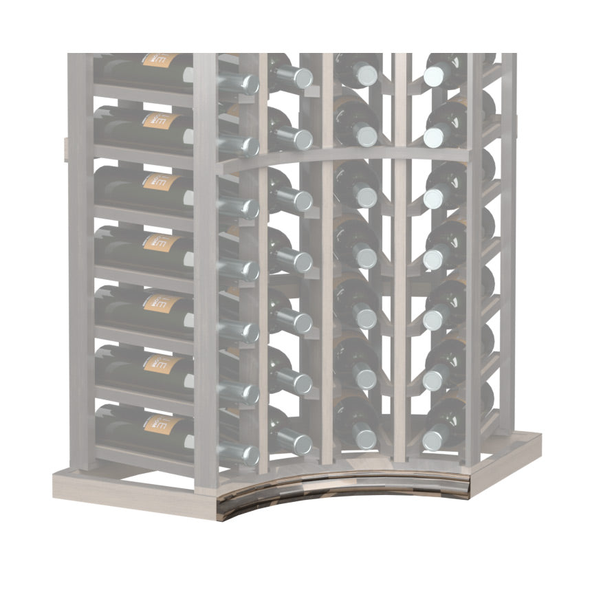 Curved corner wine rack base molding with dark arched front edge and bottle slots