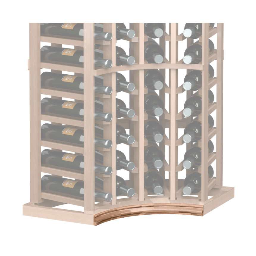 Curved corner wine rack base molding with natural arched front edge and bottle slots