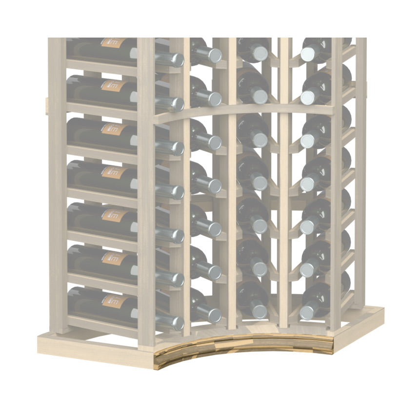 Curved corner wine rack base molding with light tan arched front edge and bottle slots