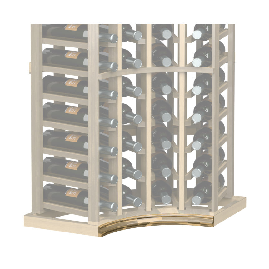 Curved corner wine rack base molding with light tan arched front edge and bottle slots