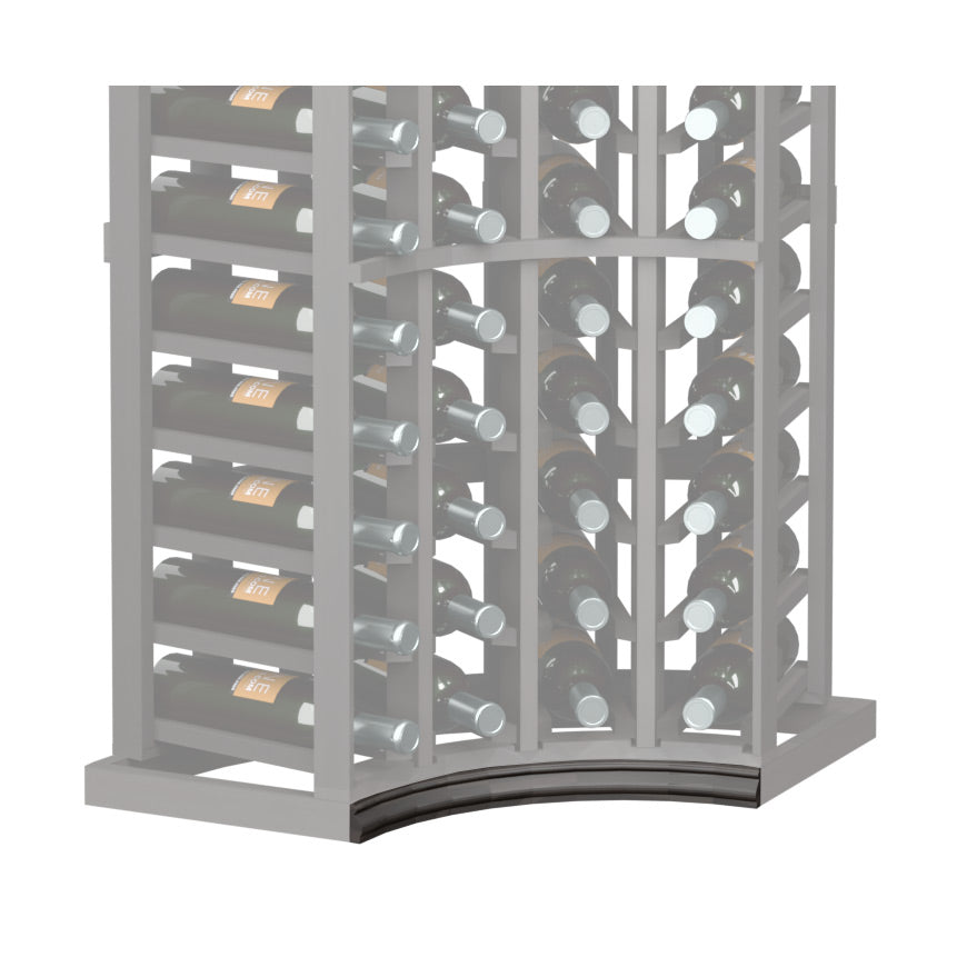 Curved corner wine rack base molding with dark arched front edge and bottle slots