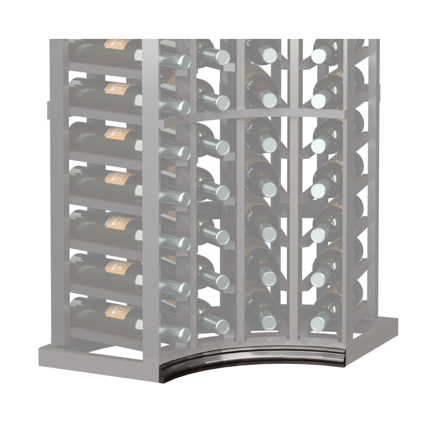 Curved corner wine rack base molding with dark arched front edge and bottle slots