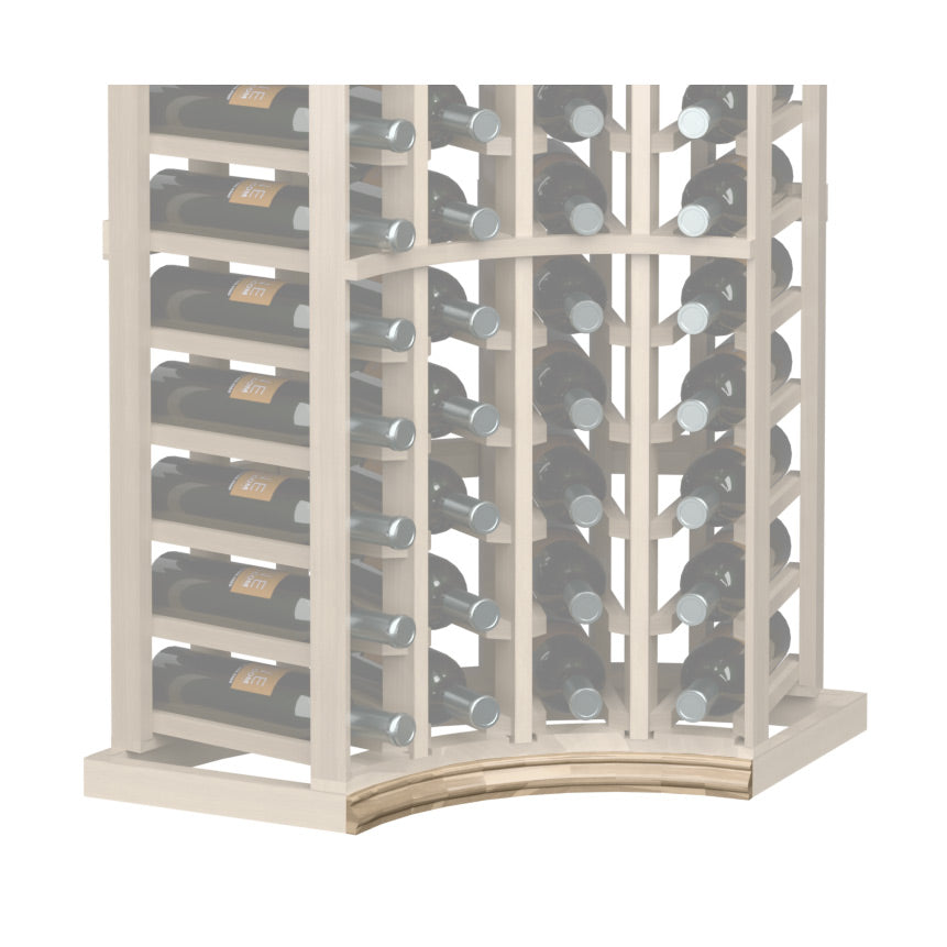 Curved wooden base molding for a corner wine rack, light gray frame and arched trim
