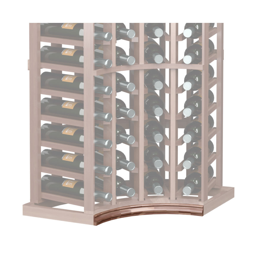 Curved wooden base molding for a corner wine rack, dark-toned arched front trim