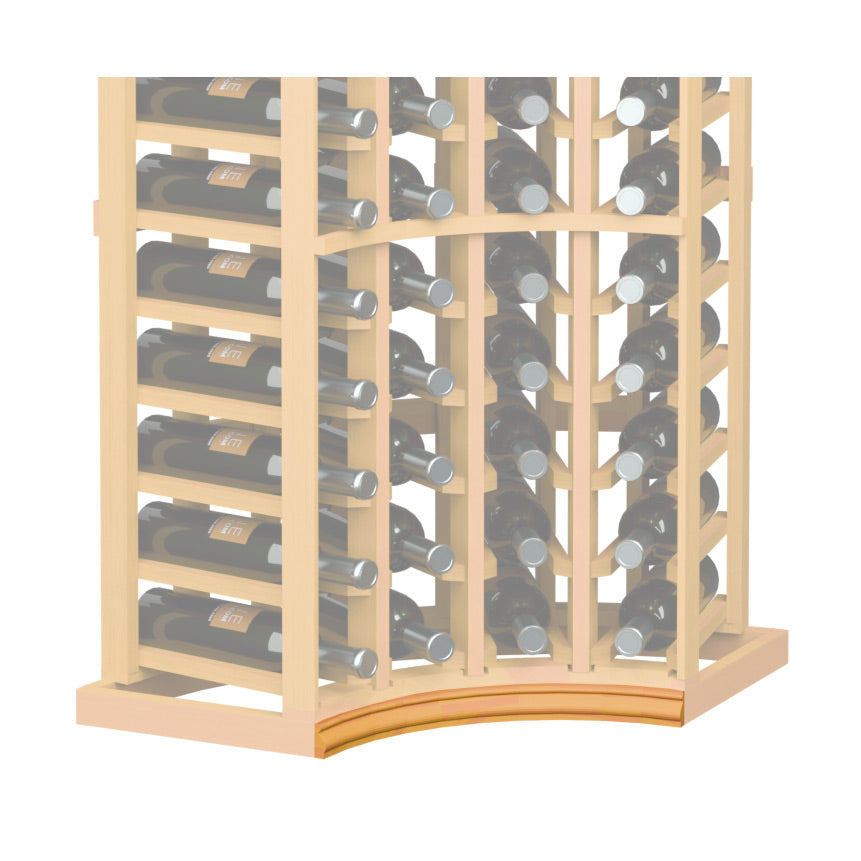 Curved wooden base molding for a corner wine rack, golden wood arched front trim
