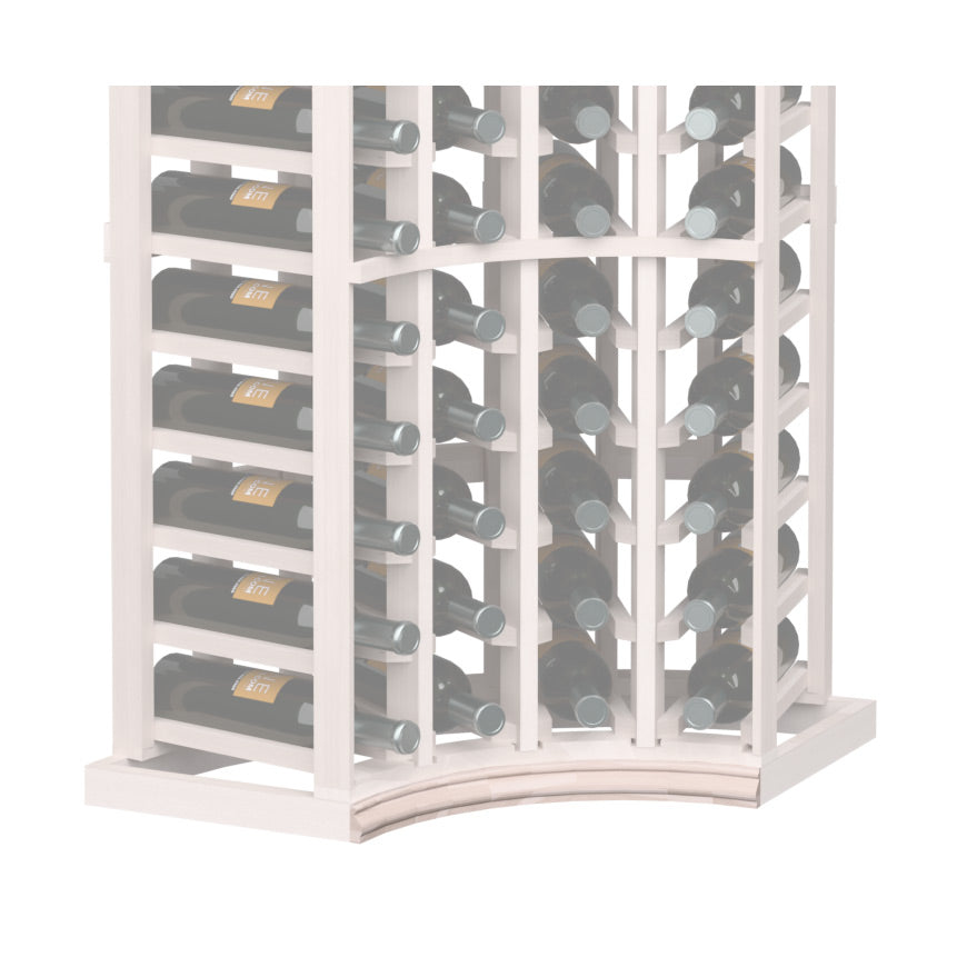 Curved wooden base molding for a corner wine rack, pale light gray arched front trim