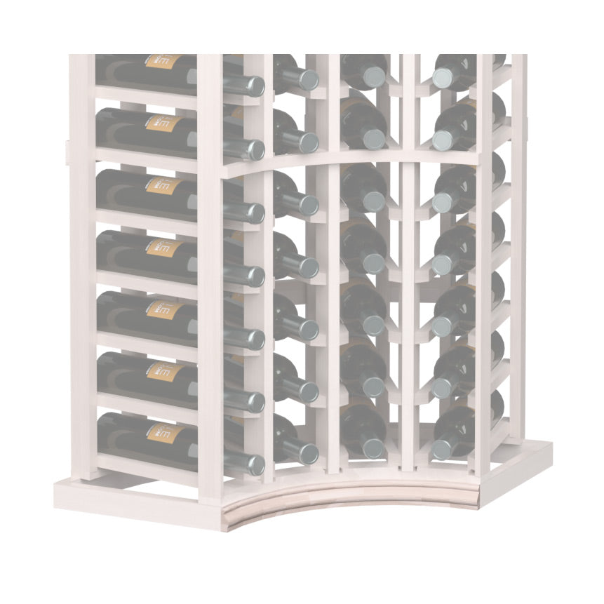 Curved wooden base molding for a corner wine rack, pale gray frame with arched trim