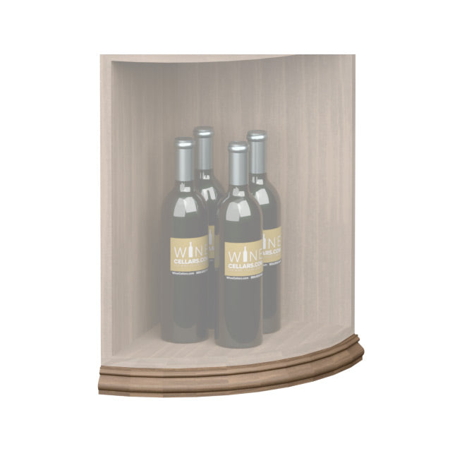Curved quarter-round base molding, light wood tone strip along shelf bottom edge