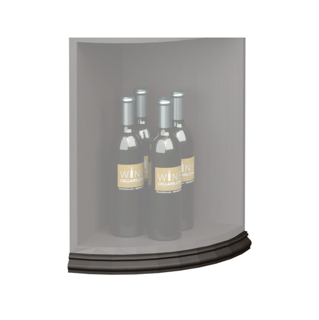 Curved quarter-round base molding, dark charcoal strip along shelf bottom edge