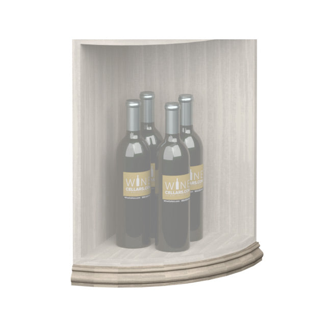 Curved quarter-round base molding, natural light wood strip on shelf front corner