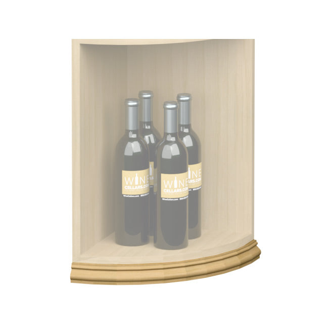 Curved quarter-round base molding, pale beige strip along shelf base corner
