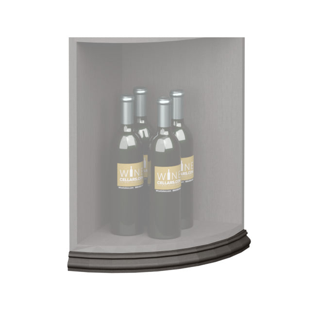 Curved quarter-round shelf base molding with dark gray/black trim along bottom edge