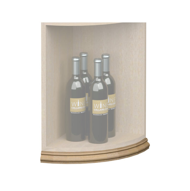 Curved quarter-round shelf base molding with natural light wood trim along bottom edge