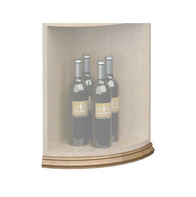 Curved quarter-round shelf base molding with natural light wood trim along bottom edge