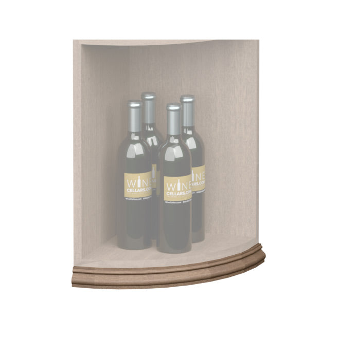 Curved quarter-round base molding trim with dark wood finish along shelf bottom edge