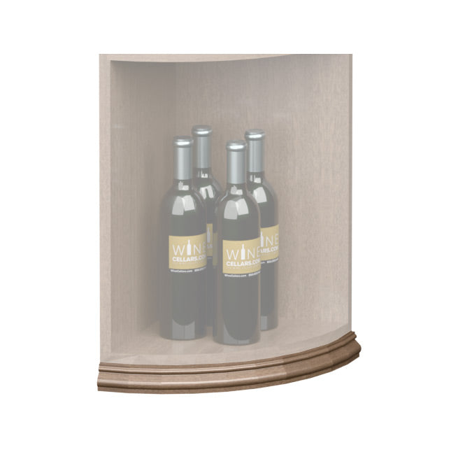 Curved quarter-round shelf base trim molding, dark stained wood along the lower edge