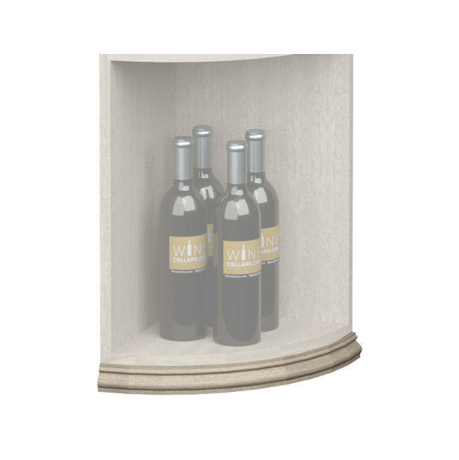 Curved quarter-round base molding trim in light wood tone along the shelf bottom