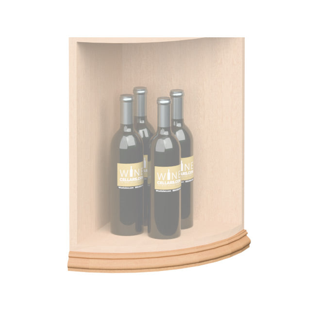 Curved quarter-round base molding trim with warm light wood finish along shelf edge