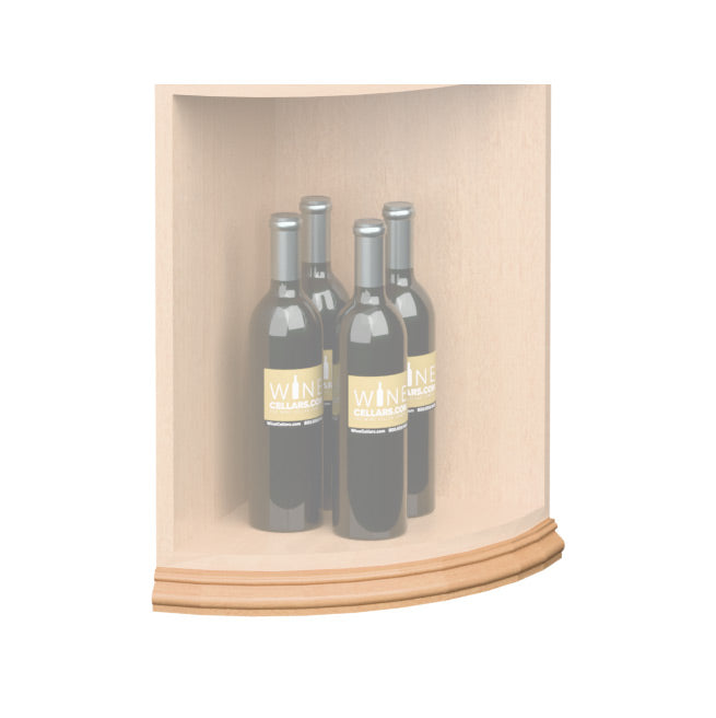 Curved quarter-round shelf base trim molding in light tan wood along the lower edge