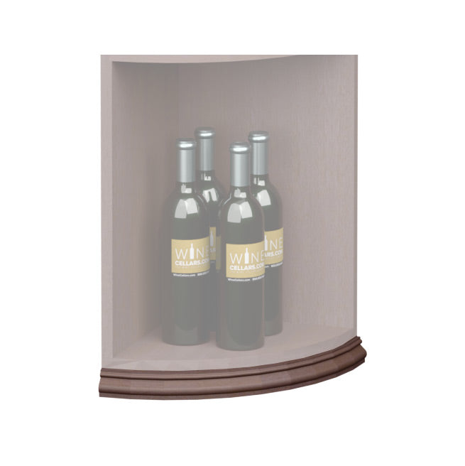 Curved quarter-round base molding trim with dark wood finish along shelf bottom corner