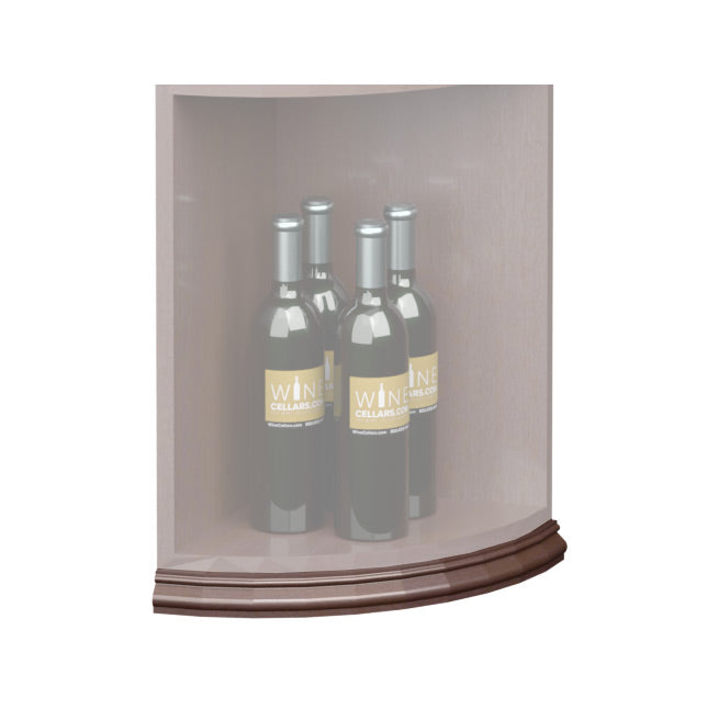 Curved quarter-round shelf base trim molding, dark stained wood detail at the bottom edge