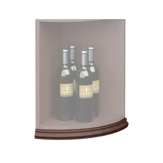 Curved quarter-round shelf base molding with dark brown finish and rounded trim edge