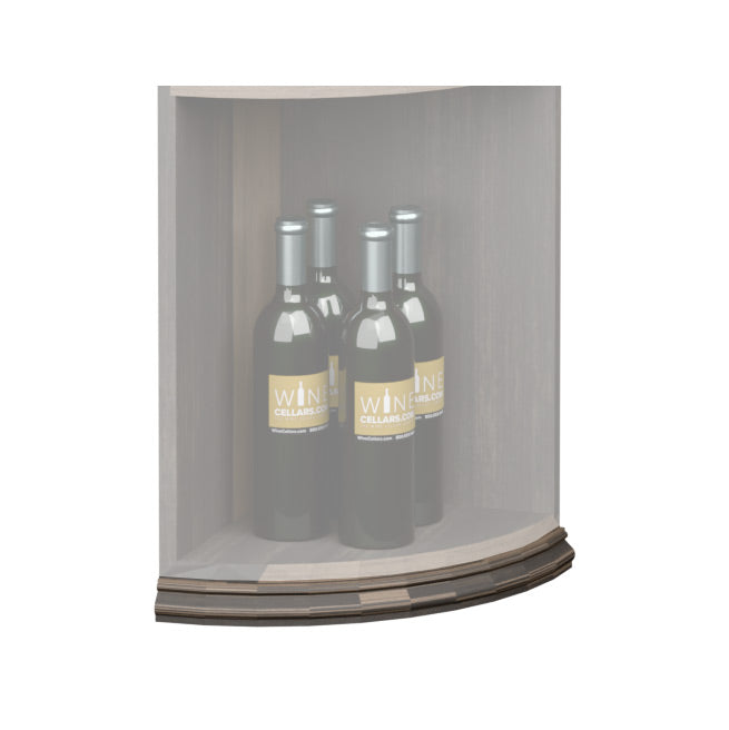Curved quarter-round shelf base molding with dark trim edge on shelf interior.