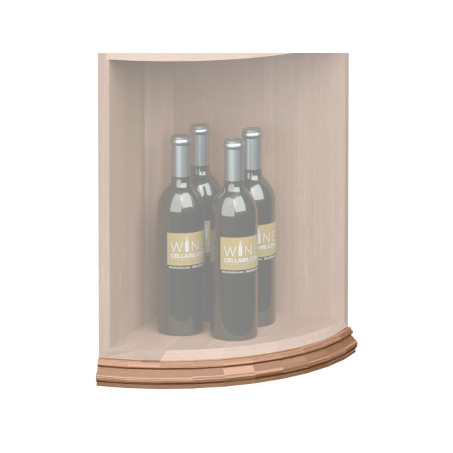 Curved quarter-round shelf base molding with medium wood front edge on shelf interior.