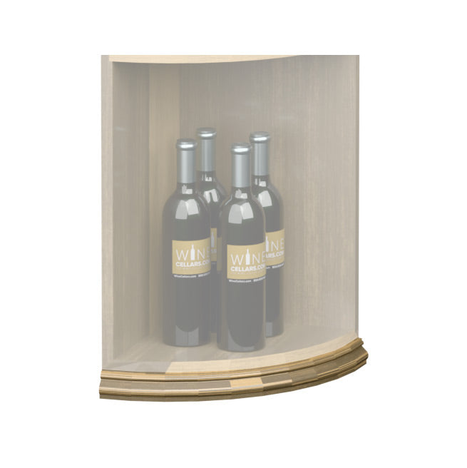 Curved quarter-round shelf base molding with light wood front edge for shelf interior.