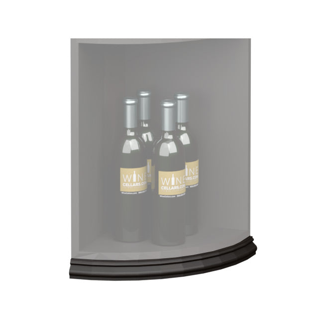 Curved quarter-round shelf base molding with dark, black edge trim