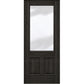 Dark wood wine cellar door with upper glass panel and two inset lower panels