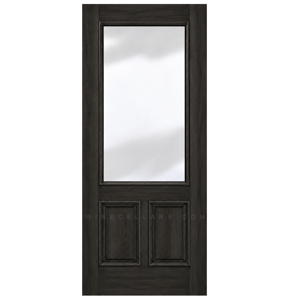 Dark wood wine cellar door with upper glass panel and two inset lower panels